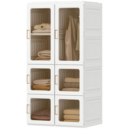 Portable Wardrobe, Foldable Plastic Closet with 5 Compartments, Hanging Rod and Magnetic Doors, White