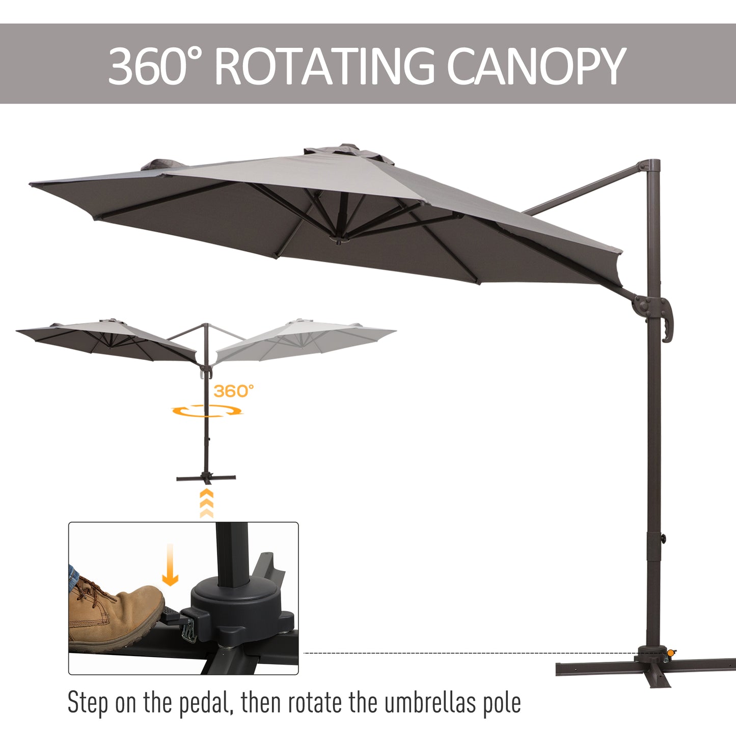 10ft Cantilever Patio Umbrella with 360° Rotation, Crank & Cross Base for Garden Deck Pool Backyard, Grey