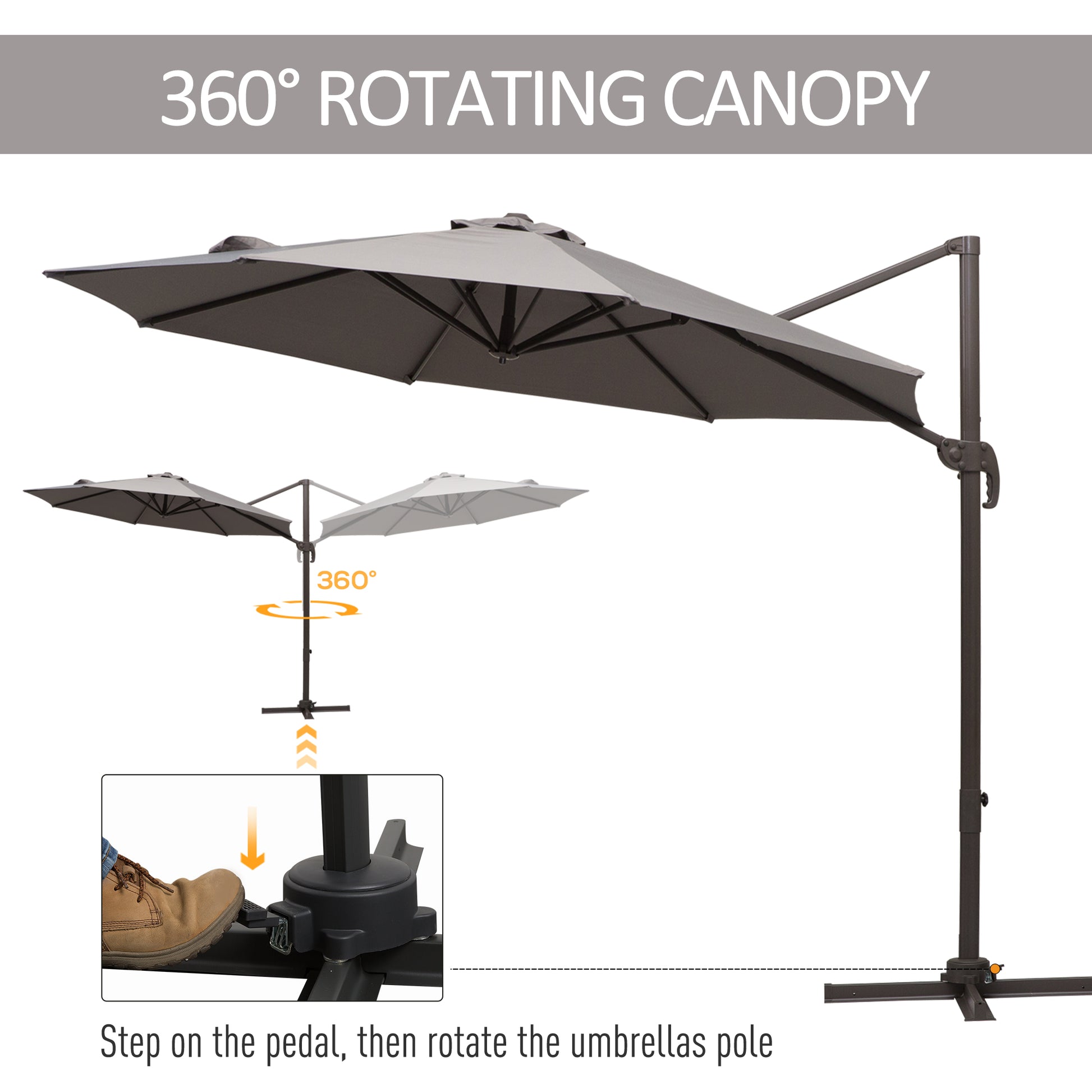 10ft Cantilever Patio Umbrella with 360° Rotation, Crank & Cross Base for Garden Deck Pool Backyard, Grey