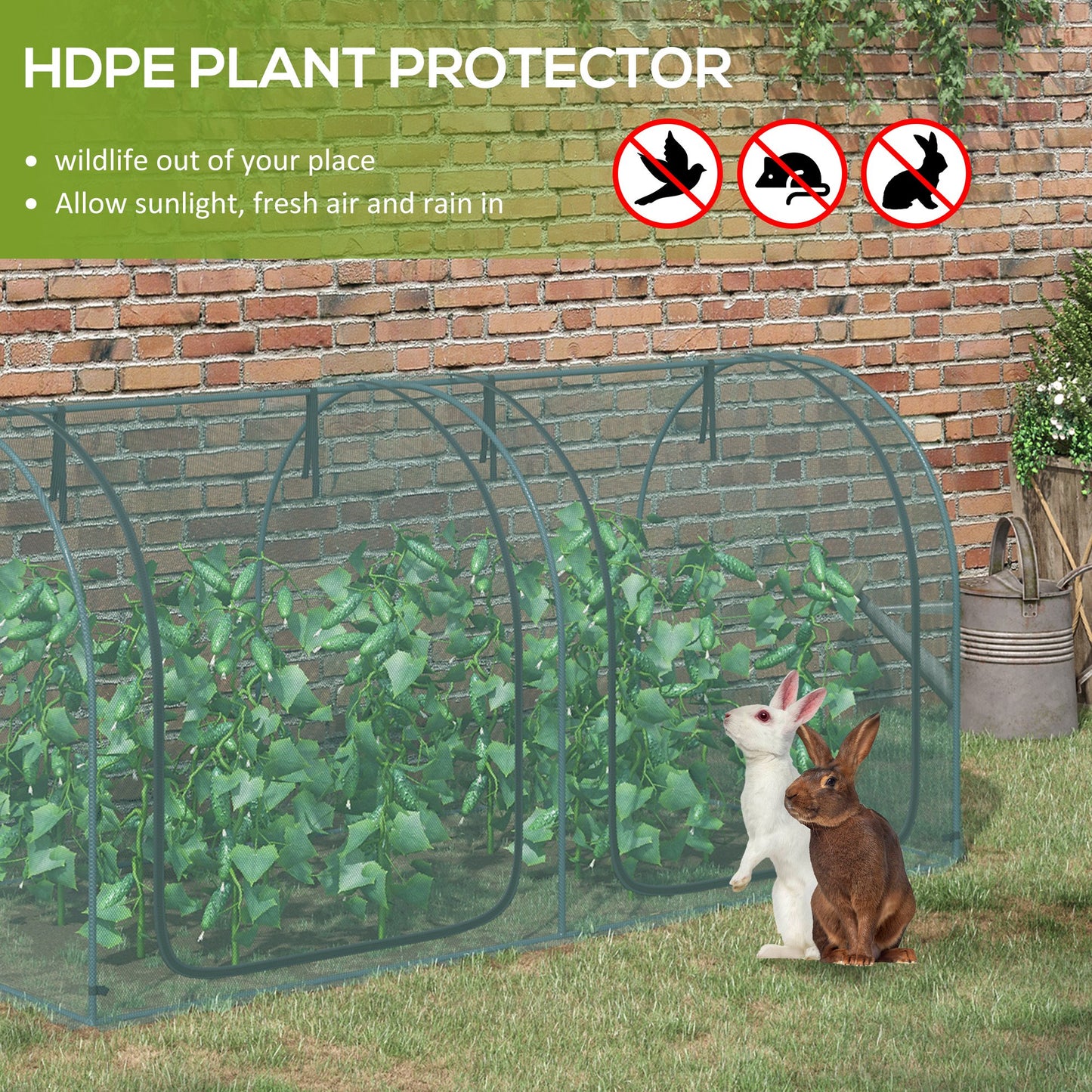 8' x 3' Crop Cage, Garden Plant Protector, with 3 Zippered Doors and 6 Ground Stakes, for Garden, Yard, Lawn Dark Green