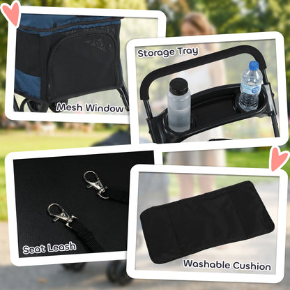 Foldable Pet Stroller for Small Dogs and Cats with 4 Wheels, Mesh Windows, Brake, Removable Pad, Storage Tray, Dark Blue