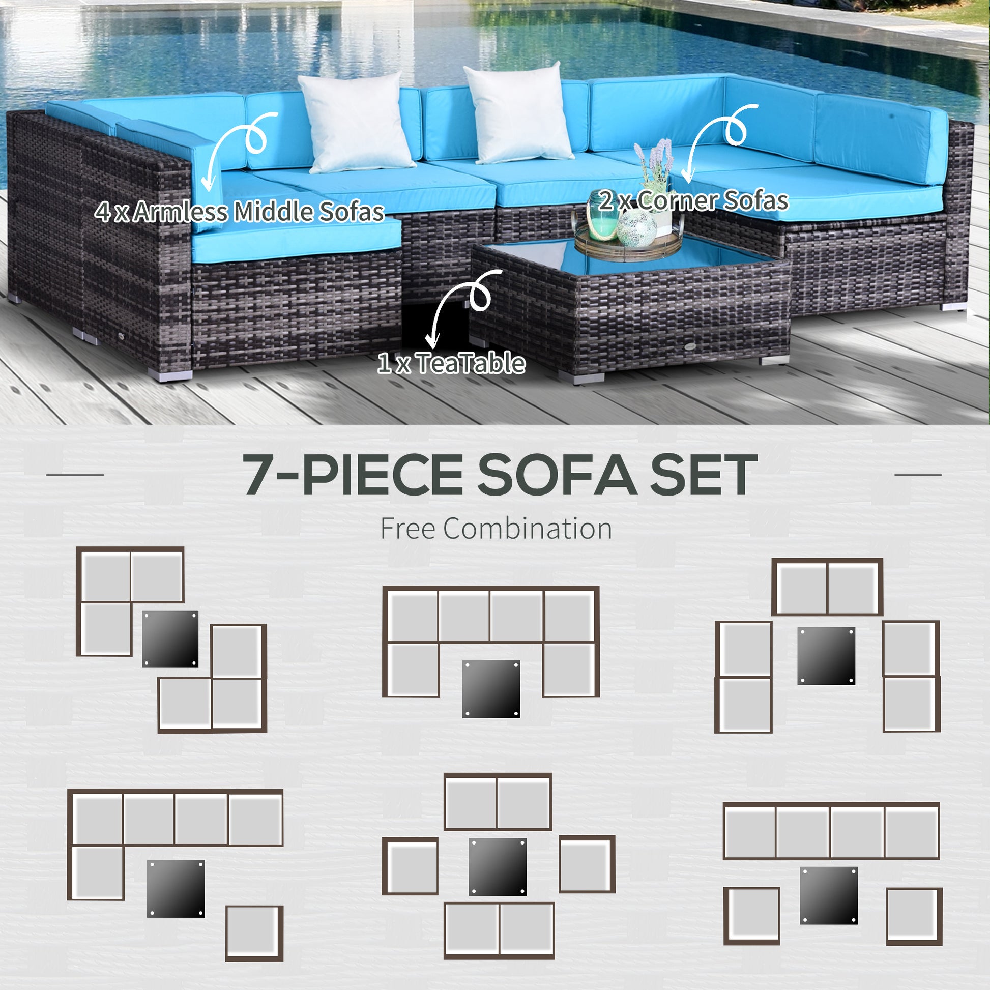 7 Pieces Outdoor Rattan Furniture Set, Patio Wicker Sectional Conversation Sofa Set with Washable Cushions and Coffee Table, for Deck Balcony Yard, Sky Blue