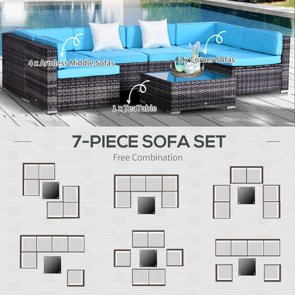 7 Pieces Outdoor Rattan Furniture Set, Patio Wicker Sectional Conversation Sofa Set with Washable Cushions and Coffee Table, for Deck Balcony Yard, Sky Blue