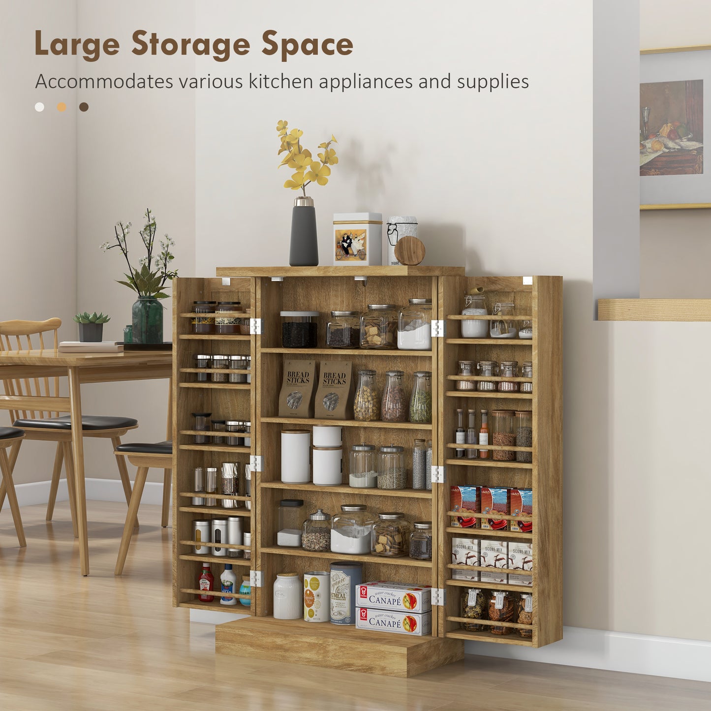 41" Rattan Kitchen Storage Cabinet, Food Pantry Cabinet with 5-Tier Shelf 12 Spice Racks Adjustable Shelves Natural