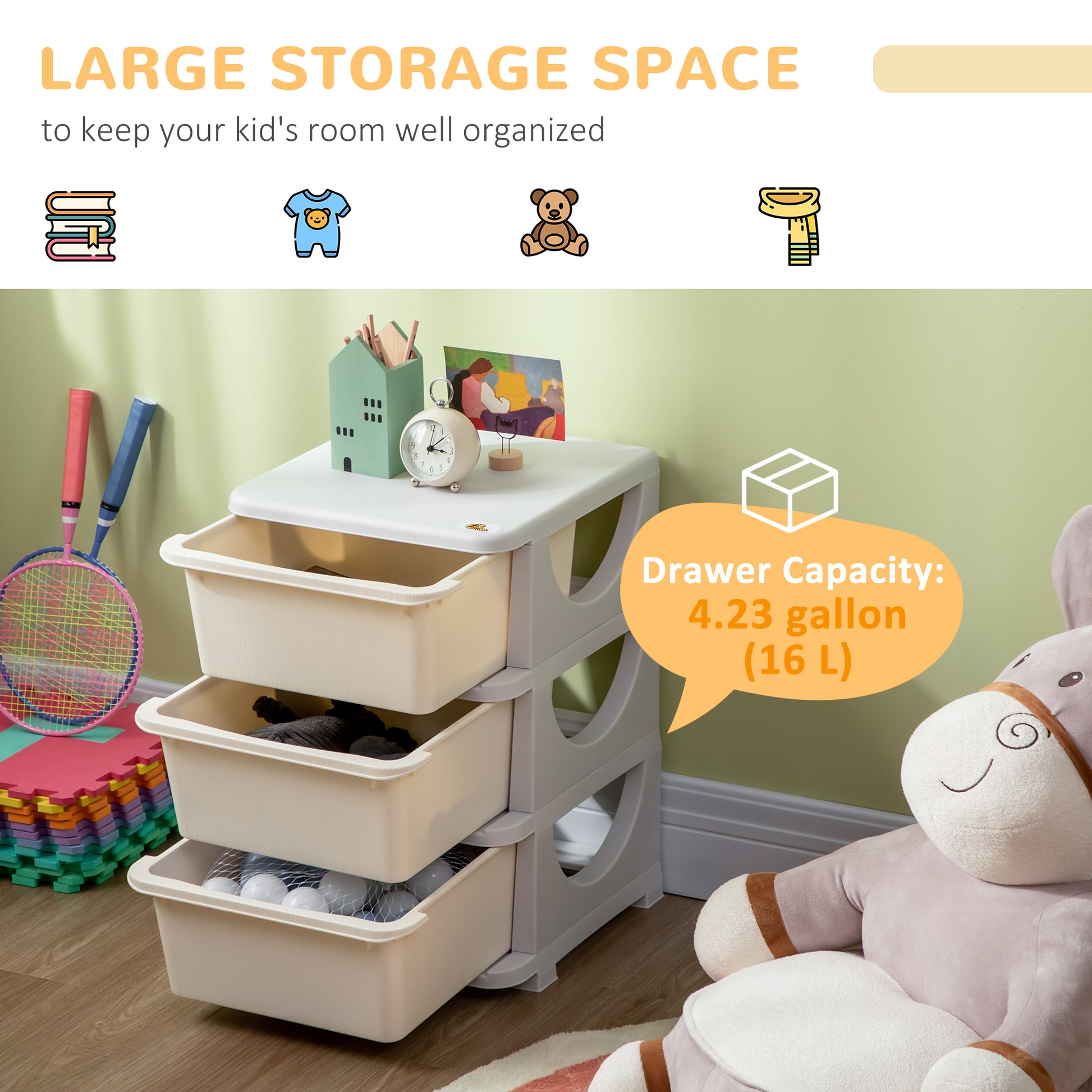 Qaba 3 Tier Kids Toy Organizer and Storage Bins with 3 Plastic Drawers, Cream White
