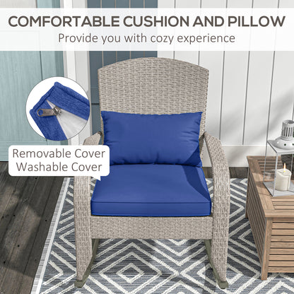 Adirondack Chair, Outdoor Wicker Rocking Chair with High Back, Seat Cushion and Pillow for Porch, Balcony, Dark Blue