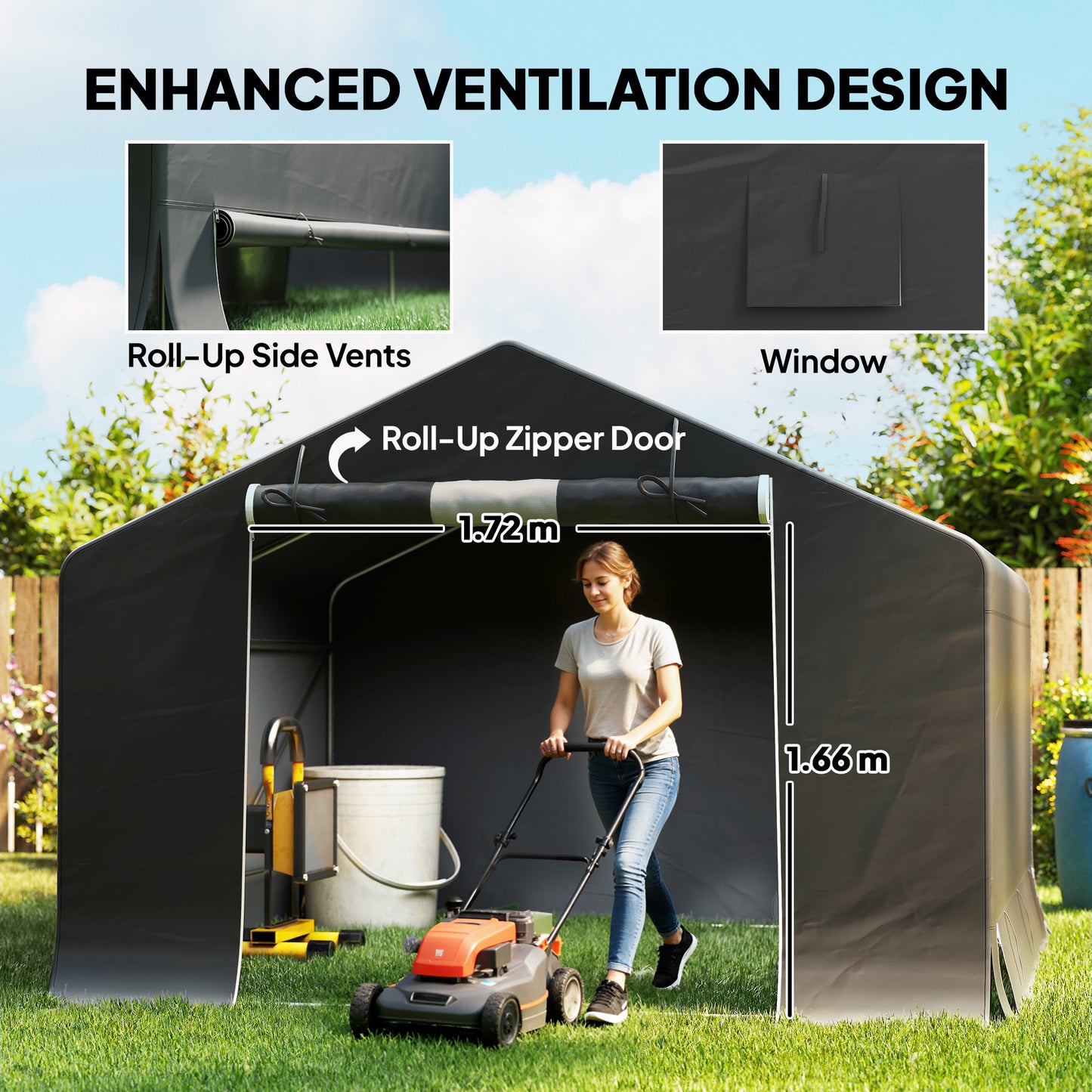 10' x 10' Portable Shed, Waterproof Bike Tent with Roll-up Zipper Door and Reinforced Galvanised Metal Frame, Dark Grey