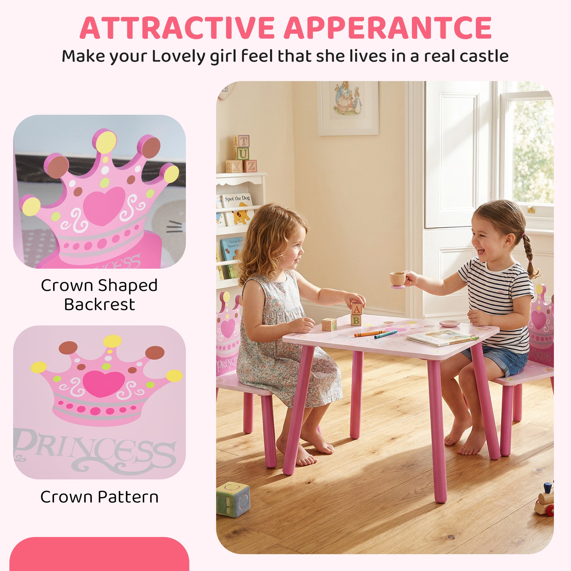 Qaba 3-Piece Set Kids Wooden Table Chair with Crown Pattern Easy to Clean Gift for Girls Toddlers Age 2-4 Years Old Pink