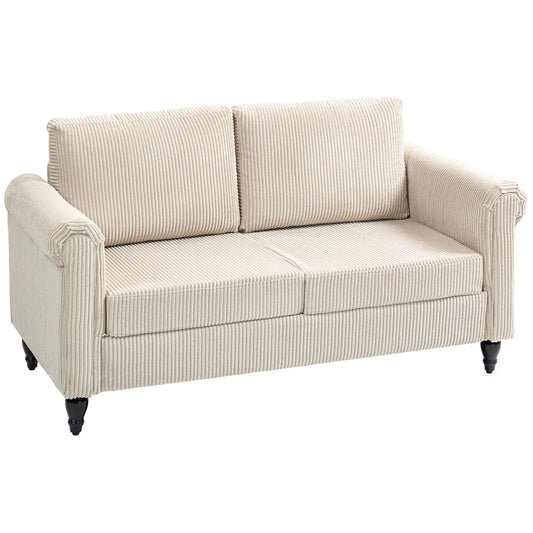 Vintage Loveseat, Upholstered Love Seat Furniture, Fabric 2 Seater Sofa with Rolled Arms, Rubber Wood Legs, Beige