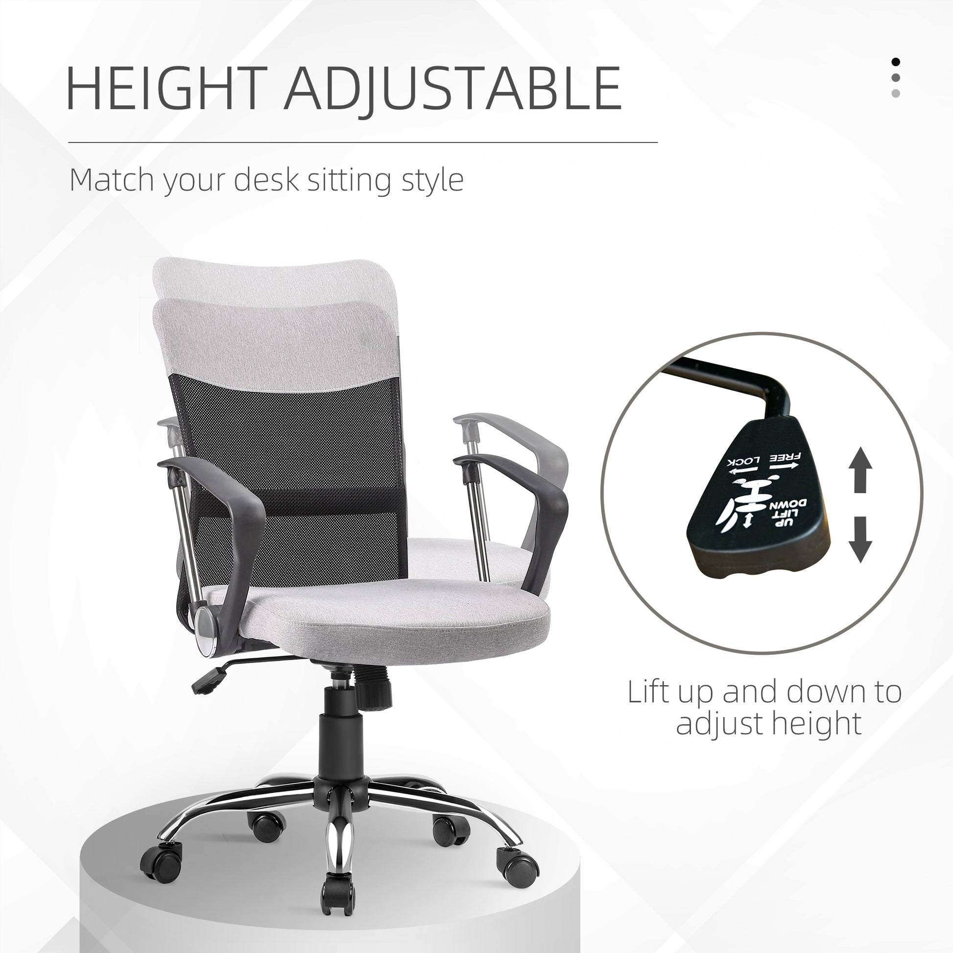 Mid Back Office Chair, Linen Adjustable Office Chair with Lumbar Back Support, Arm, Adjustable Height, Grey