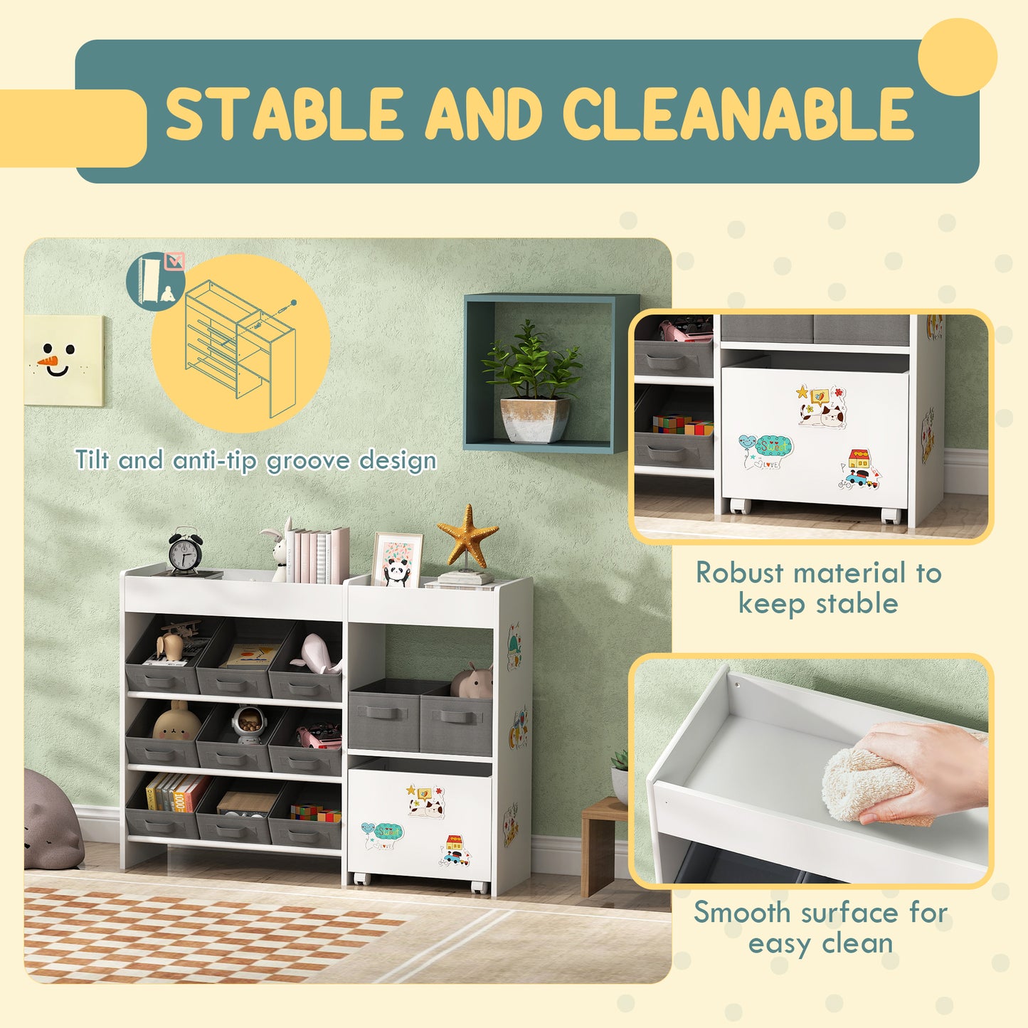 Qaba Kids Toy Storage Organizer with 11 Bins, Moveable Cabinet, Top Shelves, 3 Stickers, for Nursery, Playroom, White