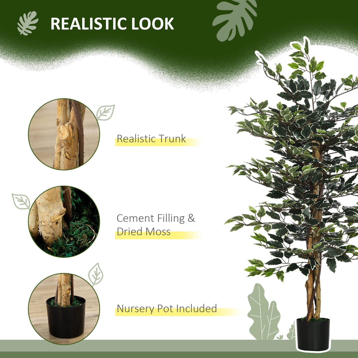 4.3FT Artificial Ficus Tree, Fake Tree with Leaves, Faux Plant in Nursery Pot for Indoor Decoration