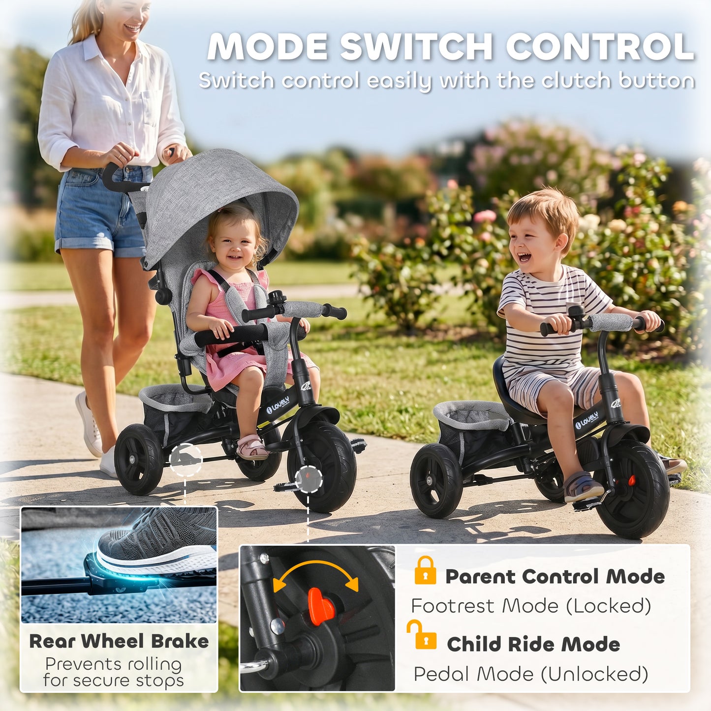 Qaba 6 in 1 Tricycle for Toddler 1-5 Years with Parent-Push Handle, Grey