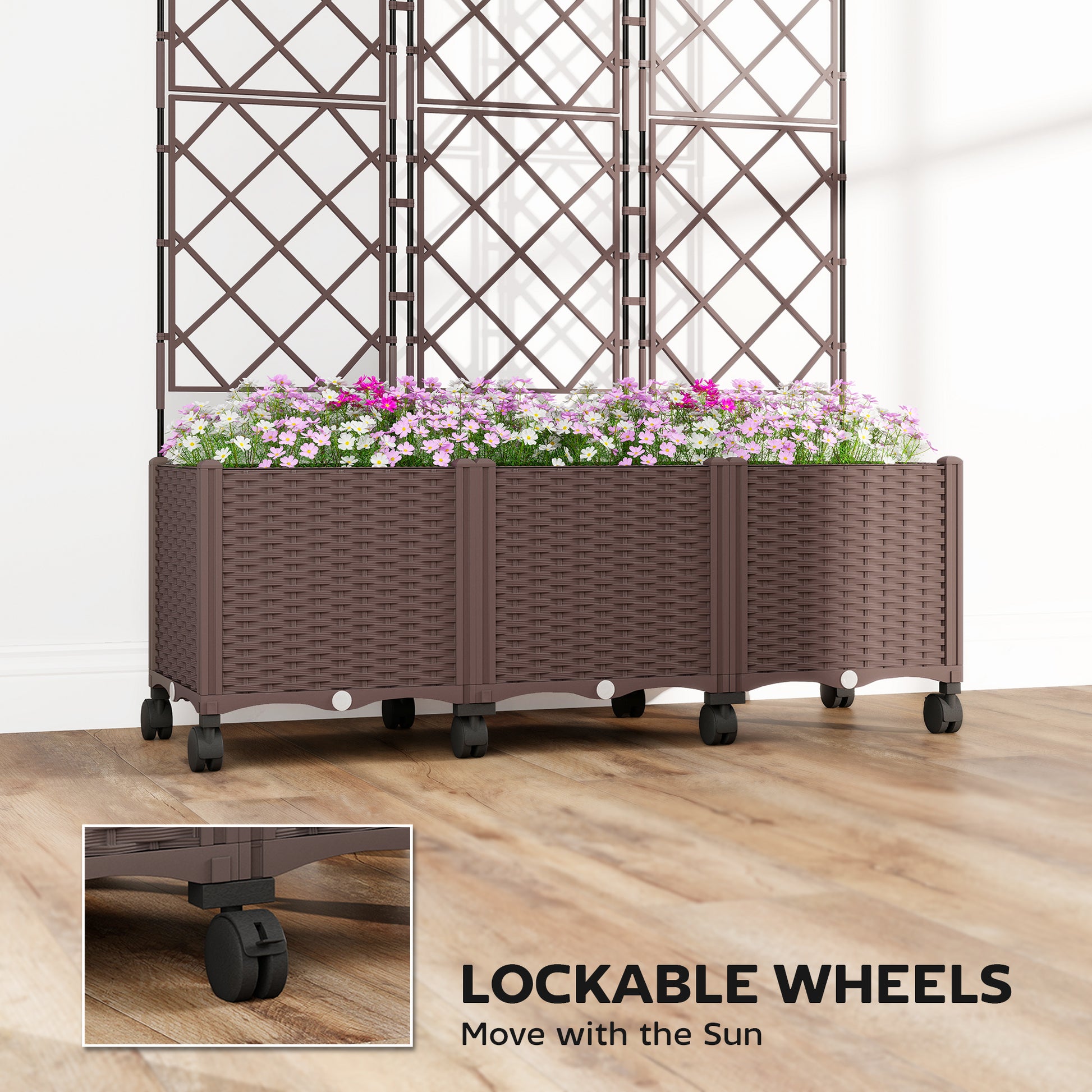 Plastic Raised Garden Bed with Trellis, Self Watering Planter Box with Wheels, Drainage Holes and Plugs