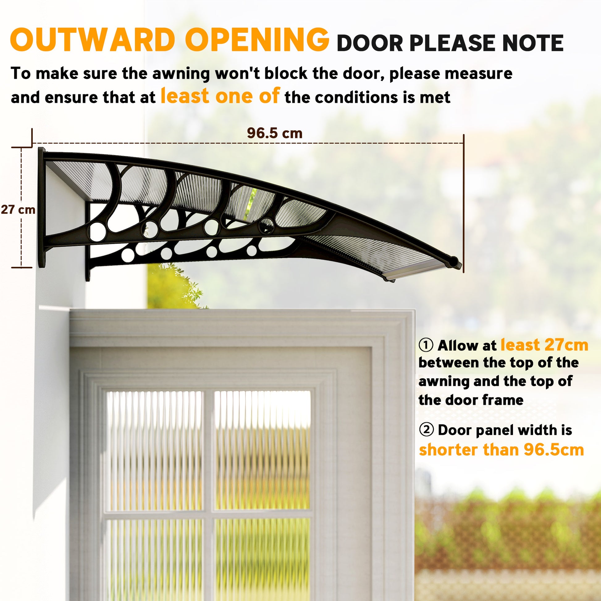 Awning Door Canopy, 40.6" x 38" Polycarbonate Front Door Outdoor Patio Cover with Hollow Sheet for UV Protection, Clear