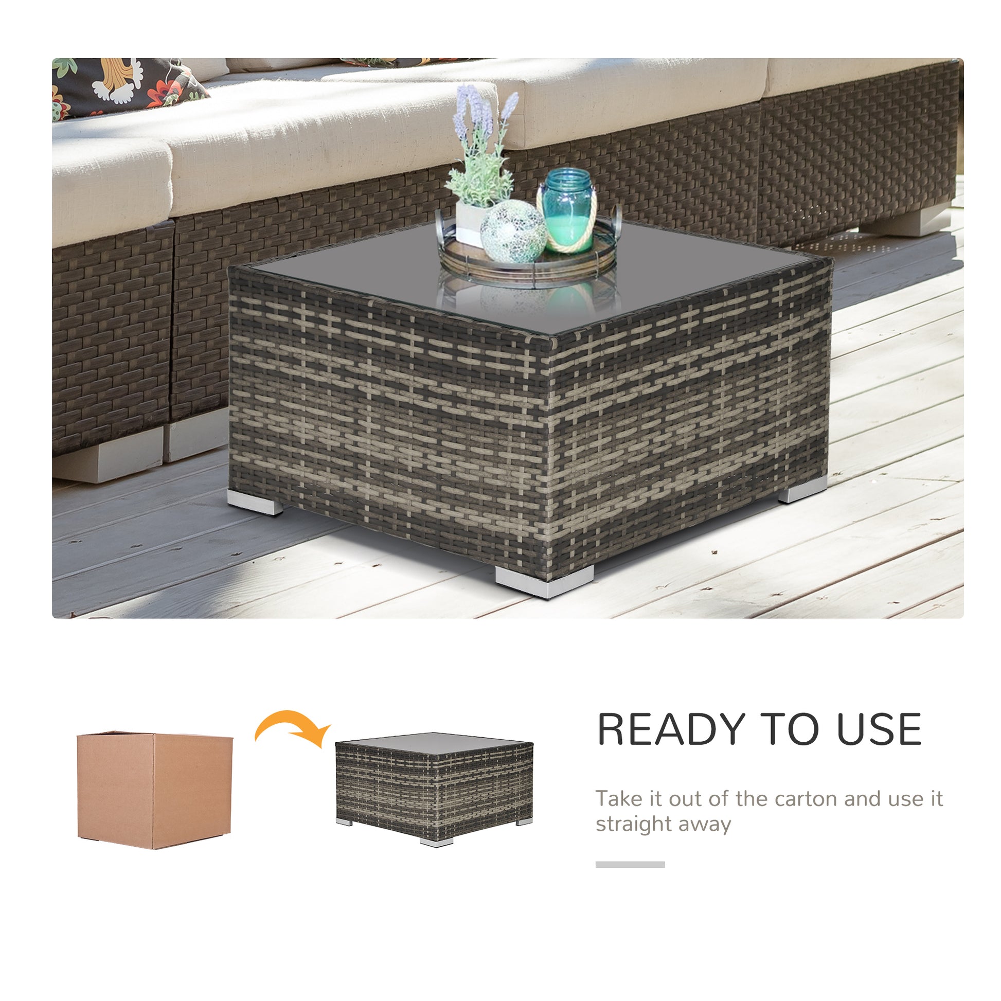 Rattan Garden Coffee Table, 25.6" Square Garden Rattan Table with Tempered Glass Top, Deep Grey