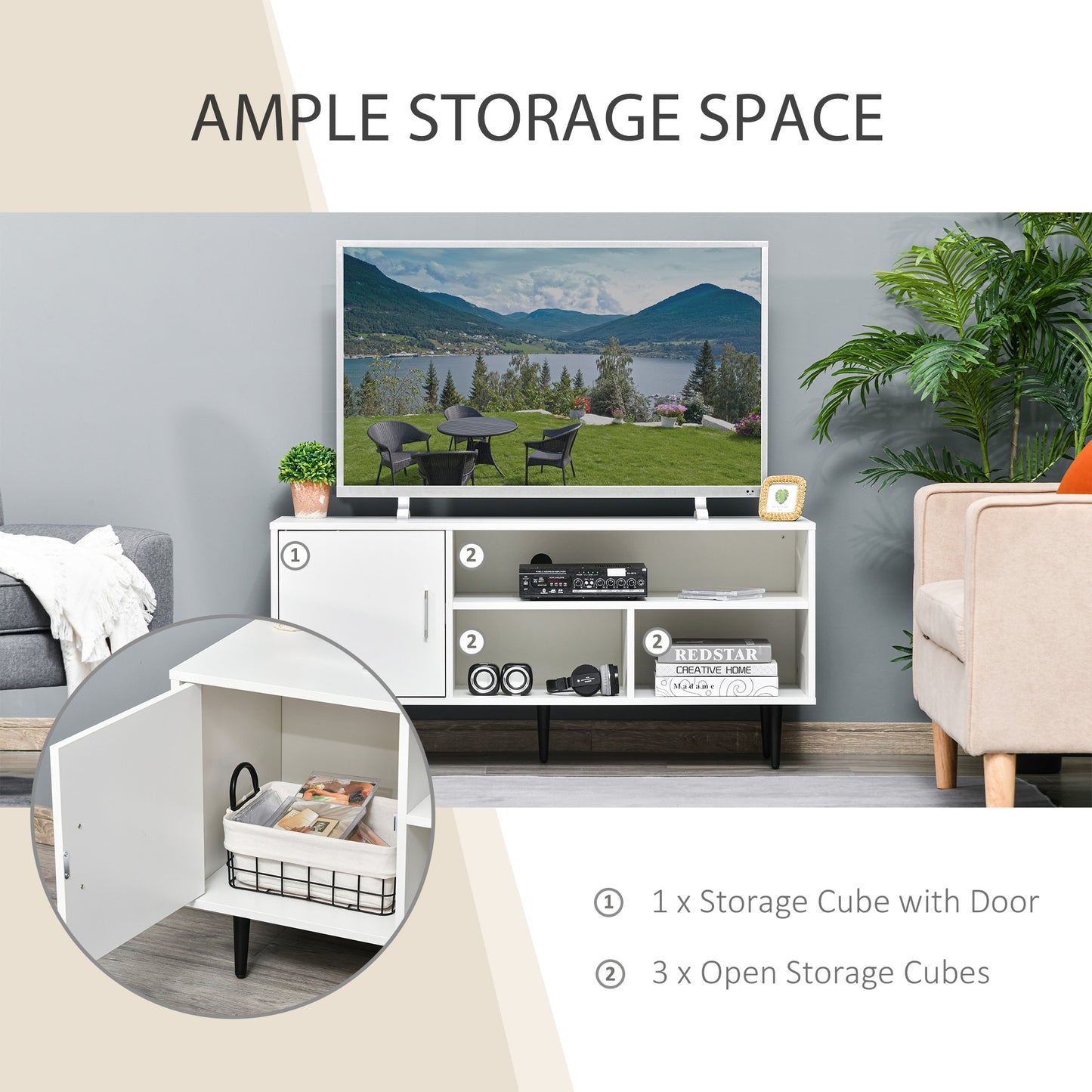 Modern TV Stand Cabinet for TVs up to 60 Inches with Storage Shelf, Cable Hole, Home Entertainment Unit Center, for Living Room Bedroom, White
