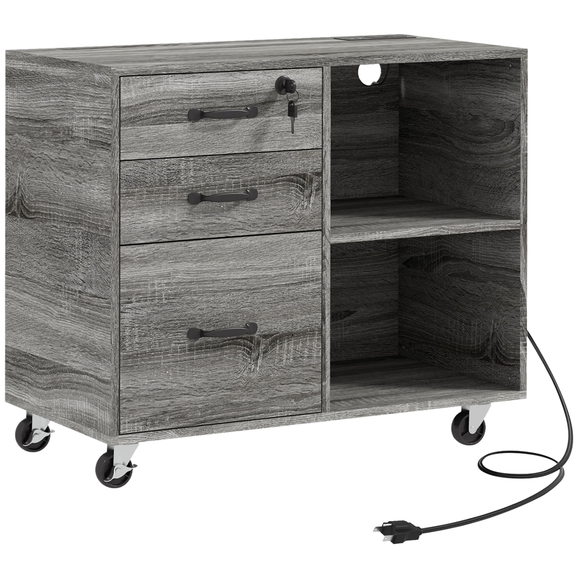 Mobile Printer Stand with Charging Station USB Ports Locking Filing Cabinet for A4 Letter Size Grey