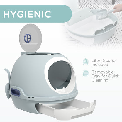 Cat Litter Box Toilet with Lid, Covered Litter Box with Scoop, Enclosed Drawer and Skylight, Blue