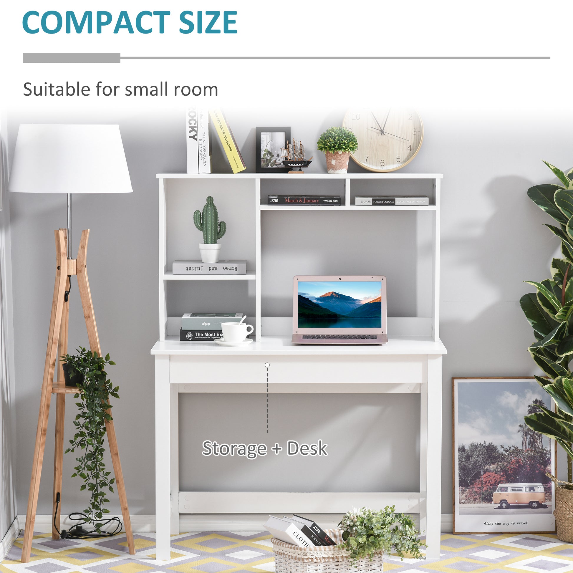Computer Desk with Hutch, Home Office Table with Storage Shelves and Open Compartments for Writing, Work, White