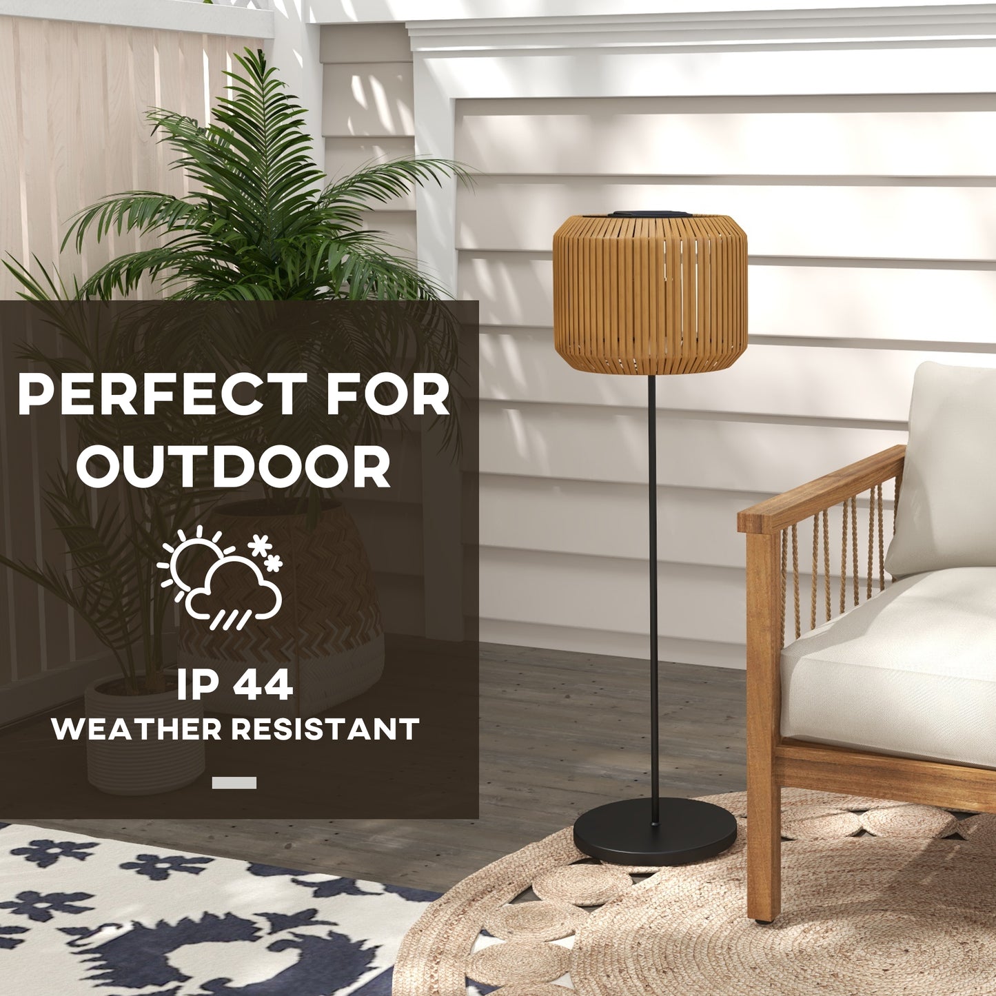 Wicker Outdoor Floor Lamp, Cordless Solar Lantern with Auto On/Off LED Lights, IP44 for Patio, Porch, Pathway, Yellow