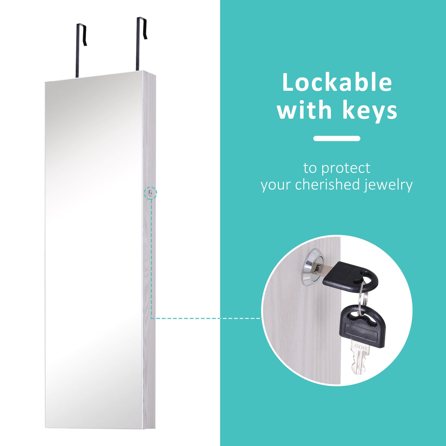 Mirror Jewelry Cabinet Armoire with LED Lights and 2 Keys, Wall Door Mounted Jewelry Organizer, Lockable Full-length Mirror, Wood Grain Grey