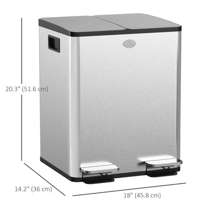 Dual Garbage Bin, Soft-Close Trash Can with Foot Pedal, 2 x 20 Liter Garbage Can with Removable Inner Buckets, Silver