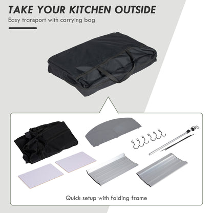 Camping Kitchen Table, Aluminum Folding Camping Table with Storage Organizer, Windshield, Light Stand, Bag, Silver