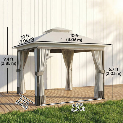 10' x 10' Patio Gazebo, UPF50+ Double Roof Outdoor Gazebo Canopy with Netting and Curtains, Steel Frame, Light Grey