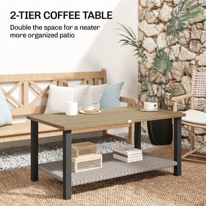 2-Tier Rectangle Outdoor Coffee Table, Patio Table with Wood-Effect Metal Top, Wicker Shelf for Garden, Backyard, Brown