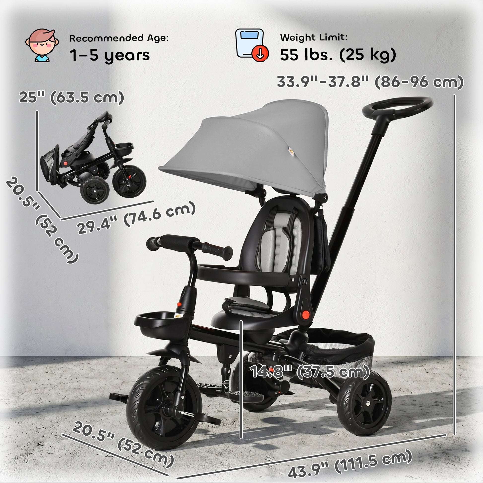Qaba Tricycle for Toddler 4 in 1 Kids Trike, Foldable Converts Stroller to Toddler Bike, Adjustable Backrest & Curved Canopy, Detachable Guardrail & Handle for 1-5 Years Old, Grey