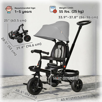 Qaba Tricycle for Toddler 4 in 1 Kids Trike, Foldable Converts Stroller to Toddler Bike, Adjustable Backrest & Curved Canopy, Detachable Guardrail & Handle for 1-5 Years Old, Grey
