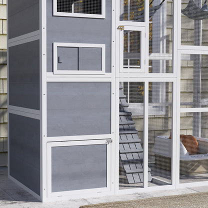 76" Catio Outdoor Cat Enclosure with Cat Condo, Jumping Platforms, Ladder, Ramps, Hammock for 2-3 Indoor Cats, Grey