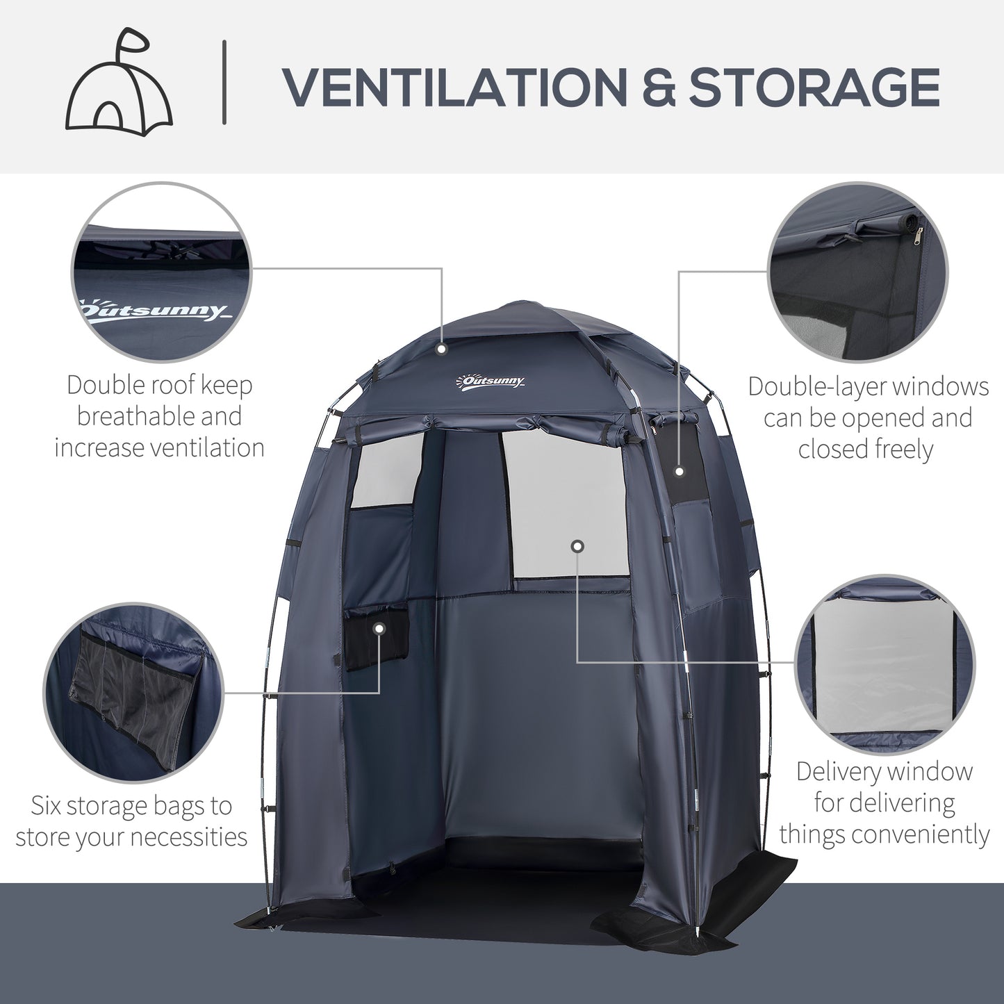 60" x 60" x 82" Shower Tent Extra Wide Changing Room Privacy Portable Camping Shelters with Windows & Floor Mat, Dark Blue