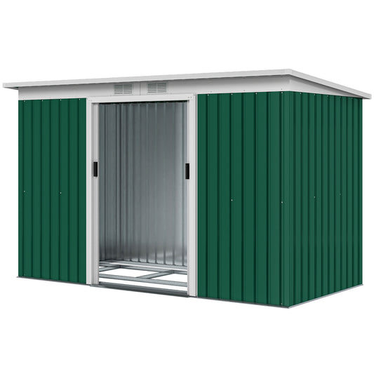 9' x 4' Garden Tool Shed Metal Storage Shed Outdoor Equipment Tool Box with Foundation Kit, Ventilation & Doors, Dark Green