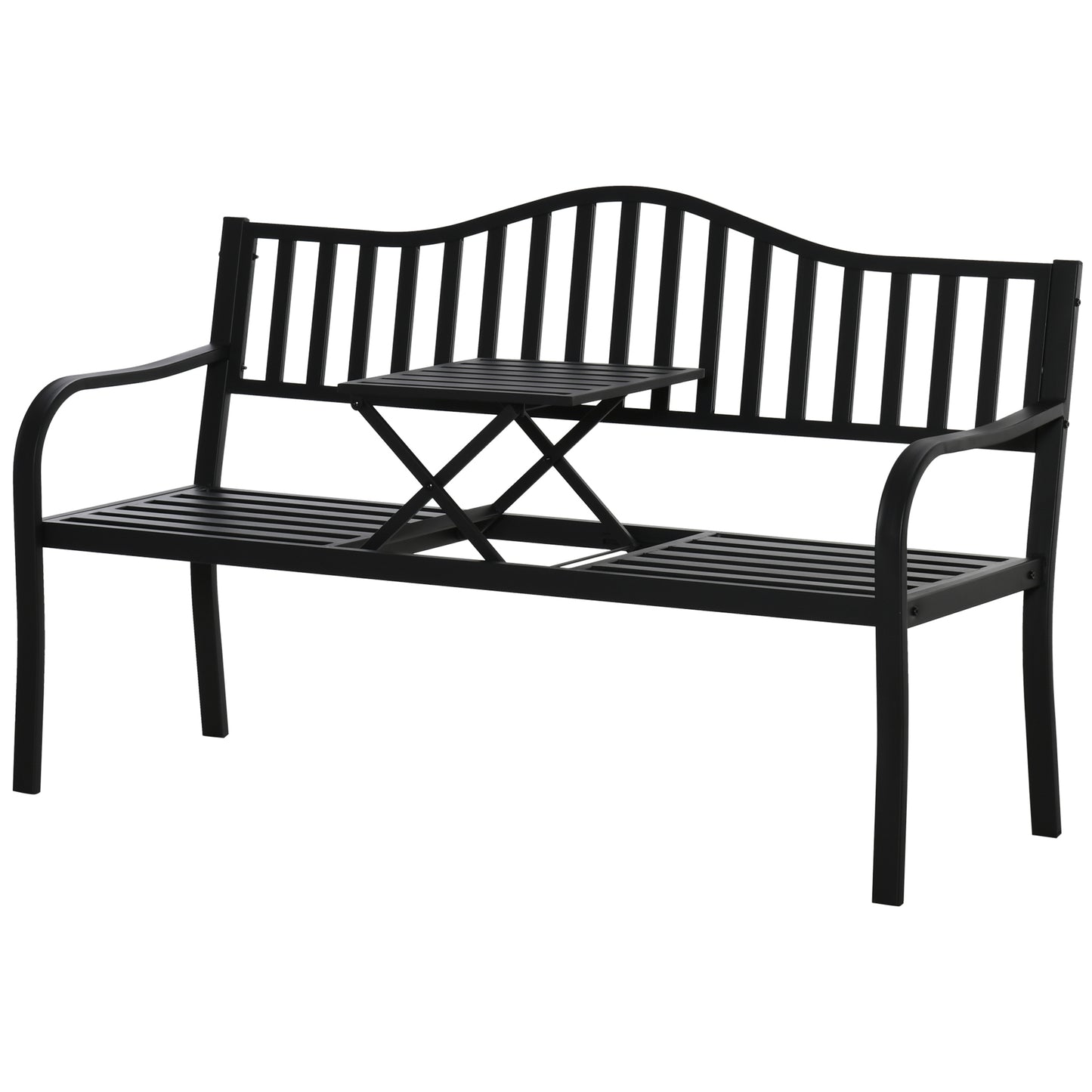 Metal Outdoor Bench with Liftable Middle Table, Patio Loveseat, Garden Bench for Lawn, Porch, Seats 2–3 People, Black