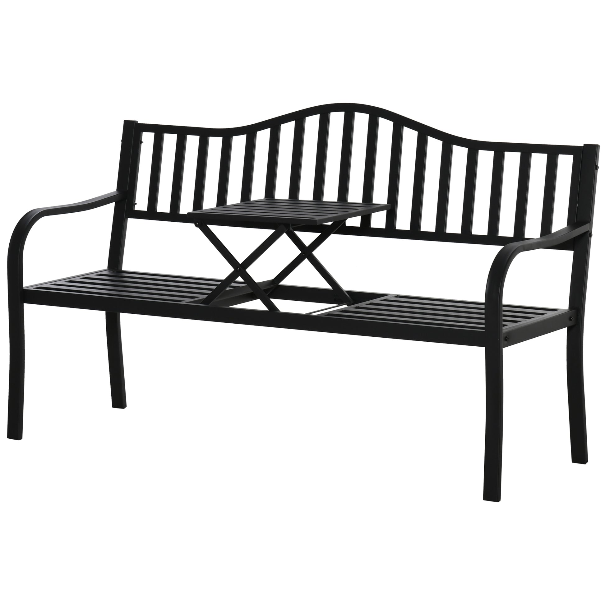 Metal Outdoor Bench with Liftable Middle Table, Patio Loveseat, Garden Bench for Lawn, Porch, Seats 2–3 People, Black
