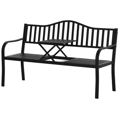 Metal Outdoor Bench with Liftable Middle Table, Patio Loveseat, Garden Bench for Lawn, Porch, Seats 2–3 People, Black
