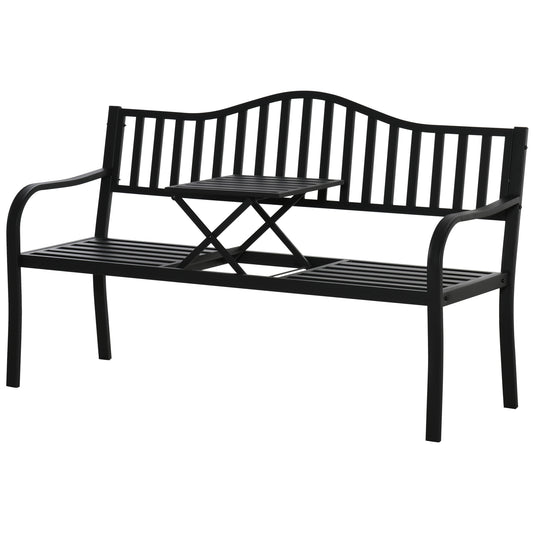 Metal Outdoor Bench with Liftable Middle Table, Patio Loveseat, Garden Bench for Lawn, Porch, Seats 2–3 People, Black