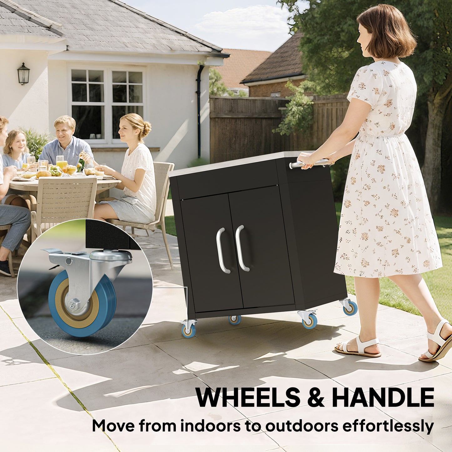 Outdoor Grill Cart with Stainless Steel Top, Pizza Oven Table with Wheels Hooks Cabinet Handles, Black