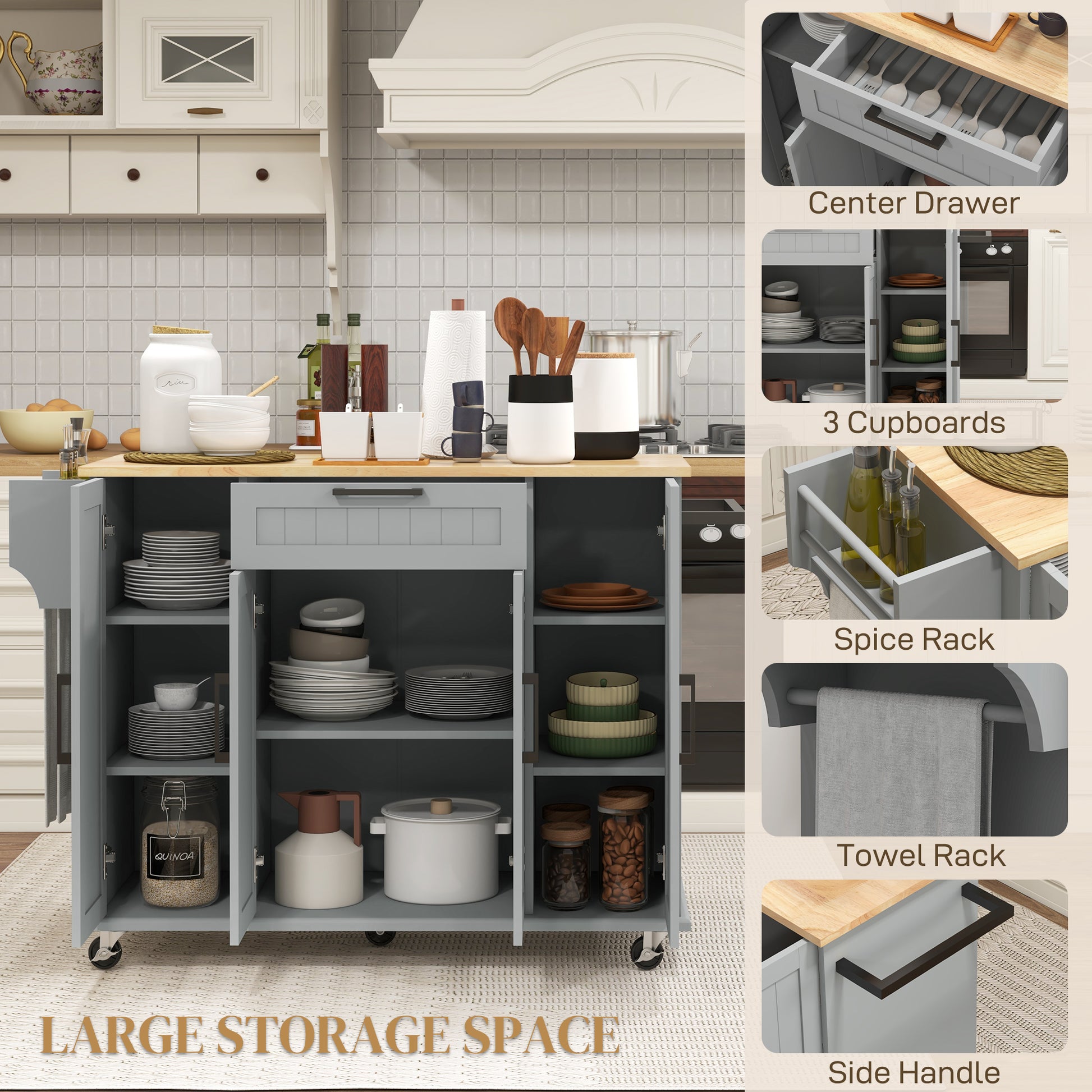 Modern Rolling Kitchen Island Cart with Drawers, Natural Wood Top, Towel Rack, Door Storage Cabinet, Grey