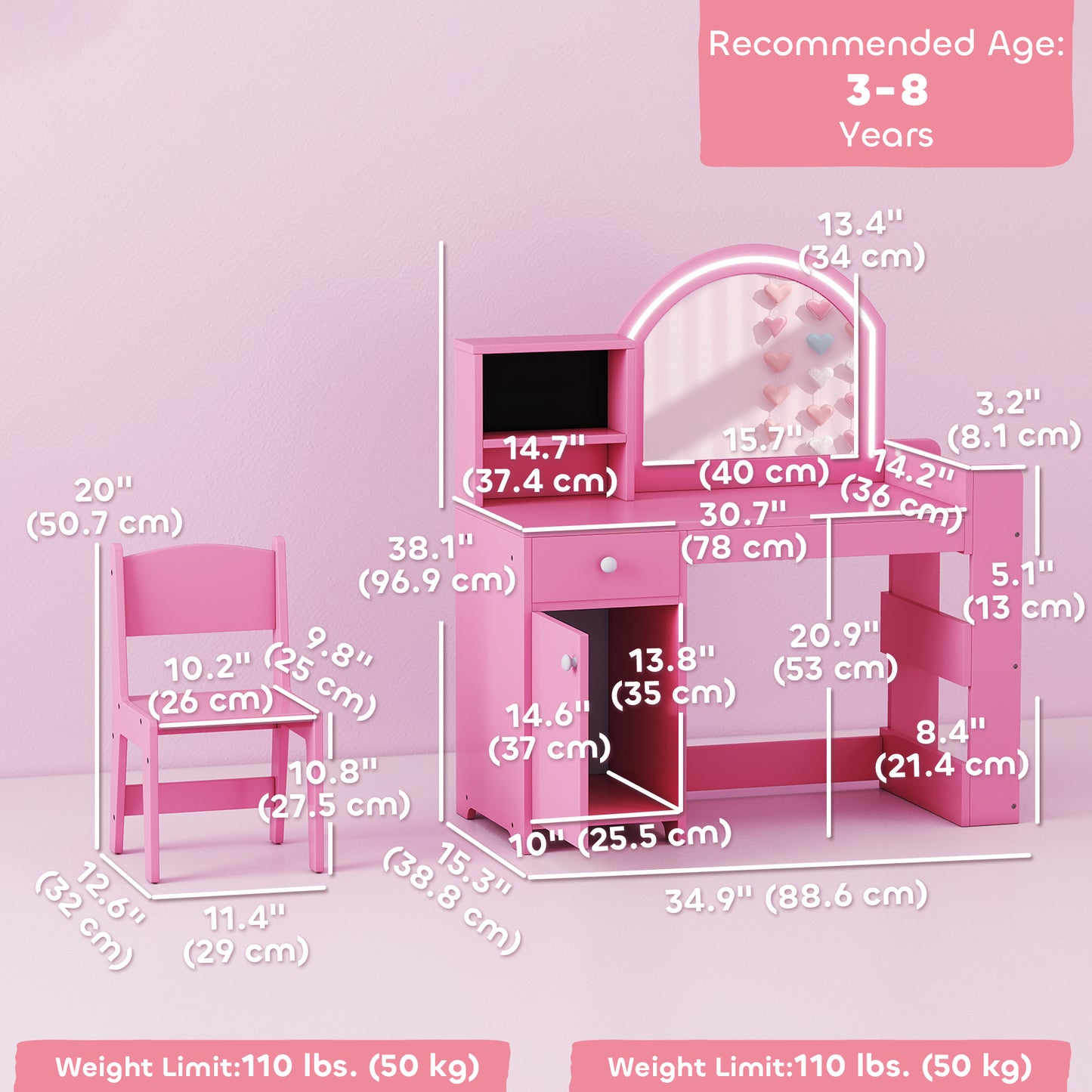 Qaba Kids Vanity Set, Toddler Dressing Table and Chair Set with Lighted Mirror, Cabinet, Drawer and Shelves, Pink