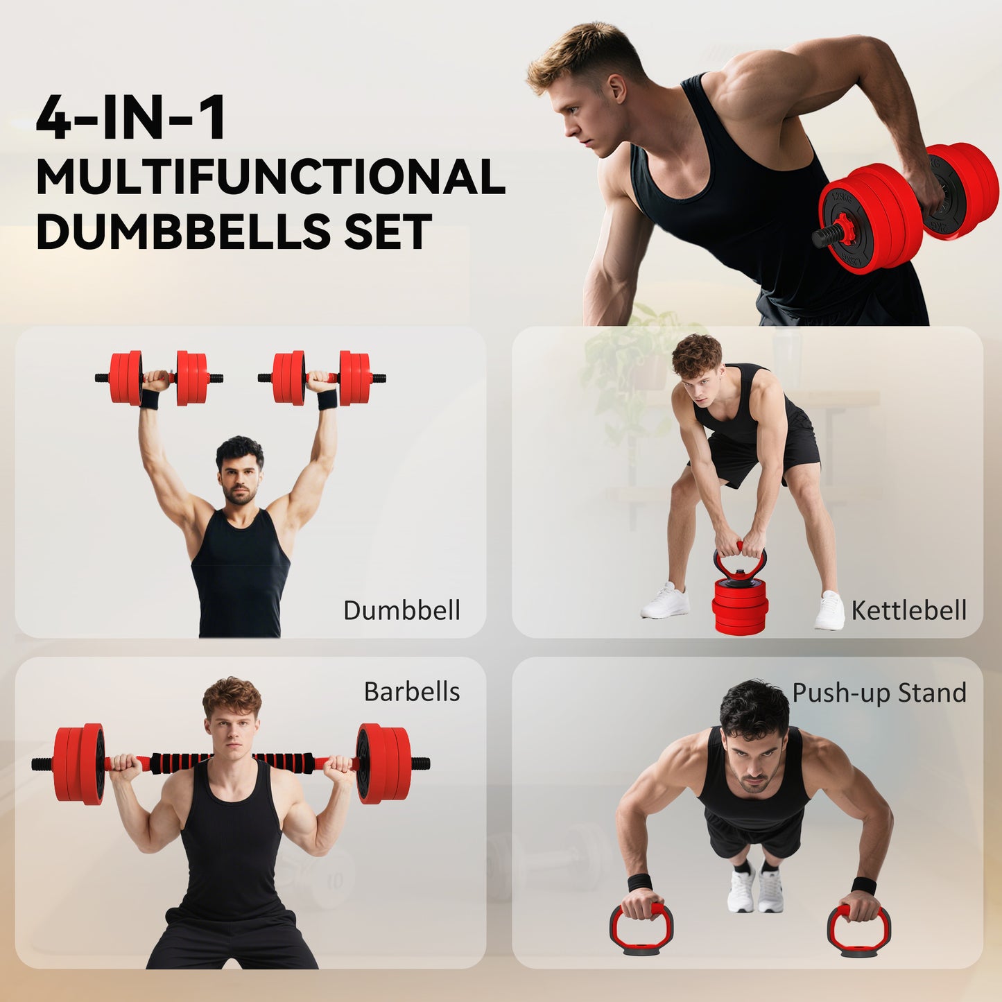 Soozier 44lbs 4-in-1 Adjustable Weight Dumbbell Set, Barbell, Kettlebell, Push Up Stand, Red