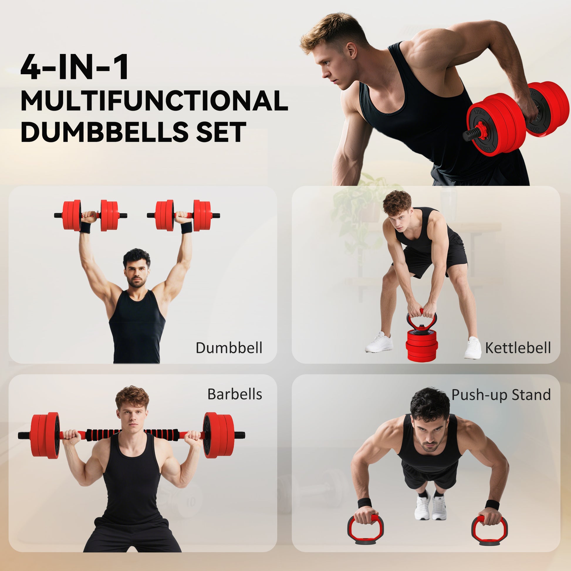 Soozier 44lbs 4-in-1 Adjustable Weight Dumbbell Set, Barbell, Kettlebell, Push Up Stand, Red