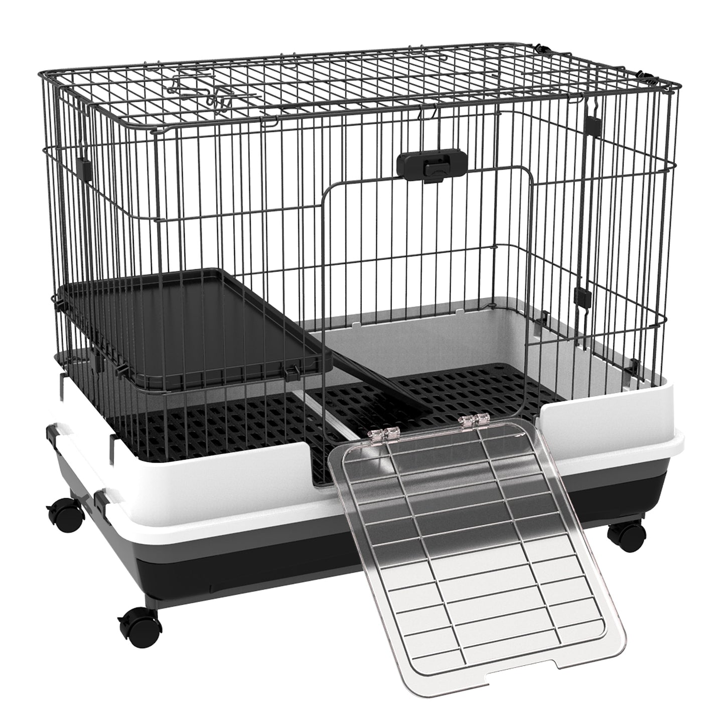 28"H Guinea Pig Cage, 2-Level Rabbit Cage for Ferret, Chinchilla, Hedghog, Bunny, Small Animal Habitat with Wheels, Slide-out Tray, Ramp, Black