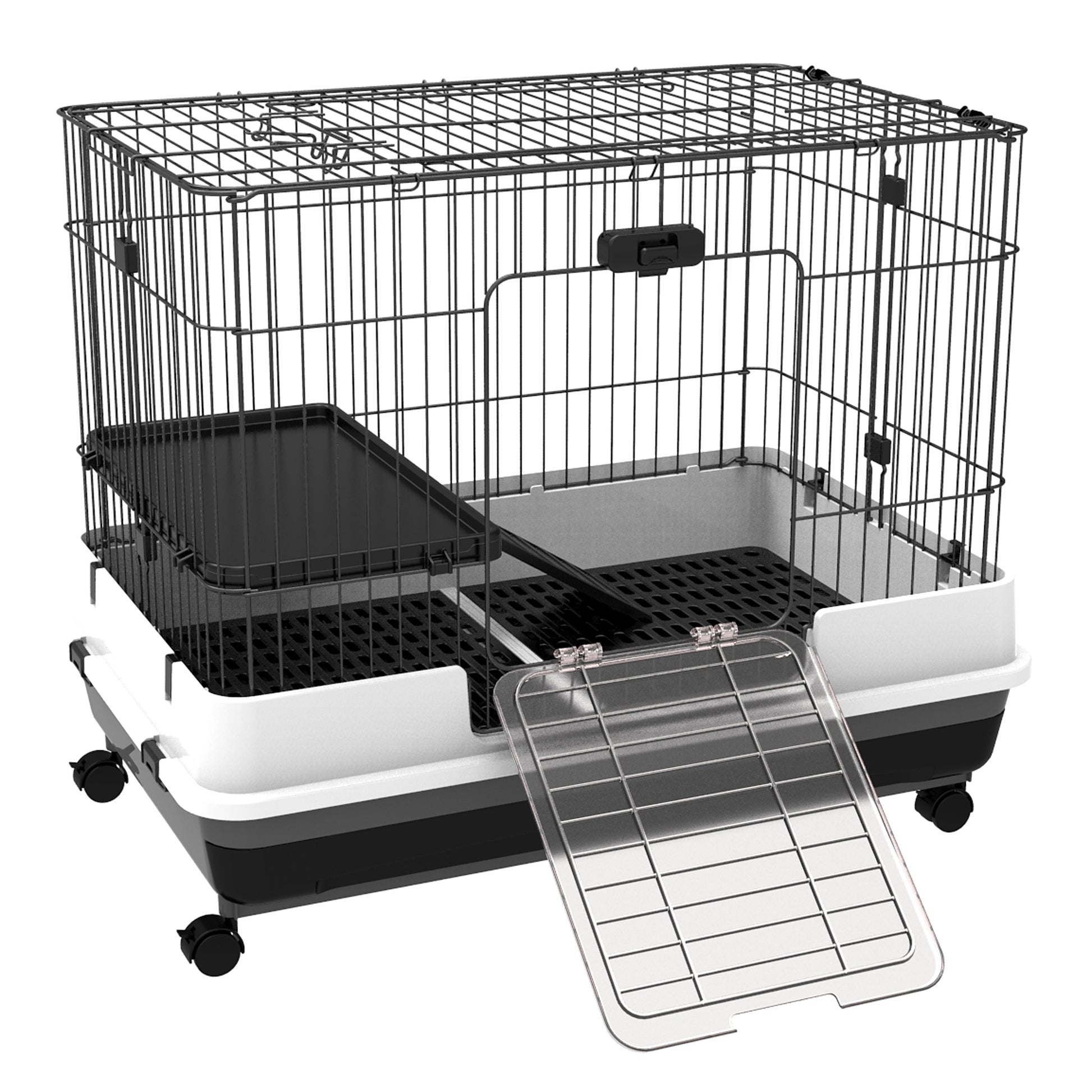 28"H Guinea Pig Cage, 2-Level Rabbit Cage for Ferret, Chinchilla, Hedghog, Bunny, Small Animal Habitat with Wheels, Slide-out Tray, Ramp, Black