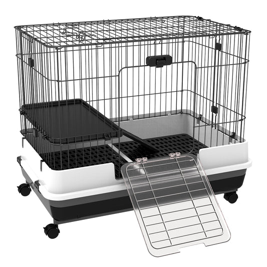 28"H Guinea Pig Cage, 2-Level Rabbit Cage for Ferret, Chinchilla, Hedghog, Bunny, Small Animal Habitat with Wheels, Slide-out Tray, Ramp, Black