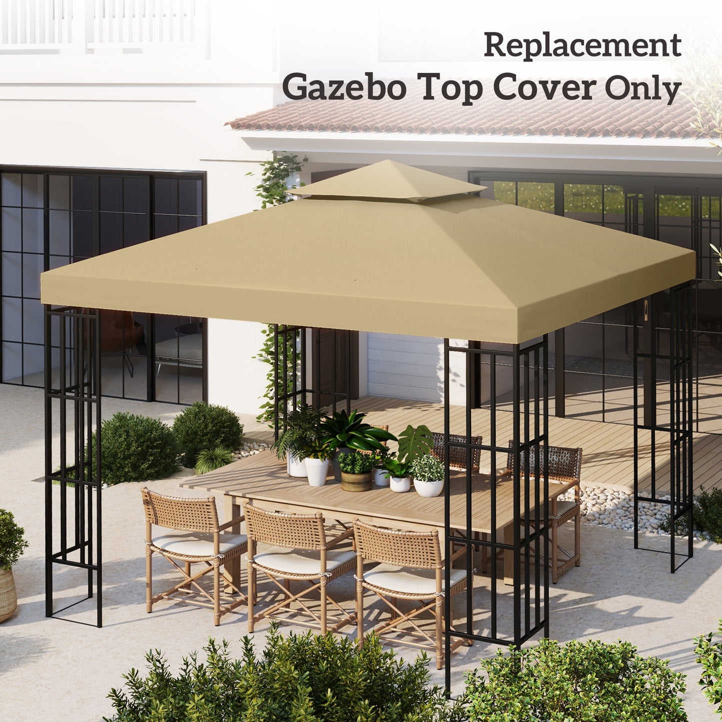 10' x 10' 2-Tier Canopy Replacement Cover Outdoor Garden Gazebo Top Cover, Beige