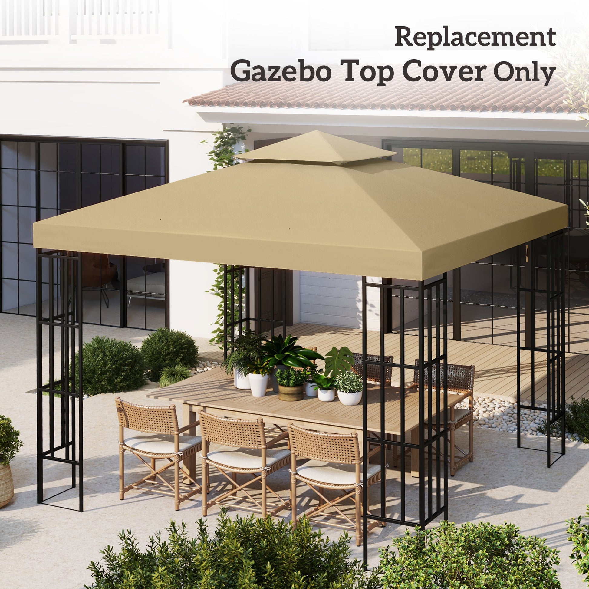 10' x 10' 2-Tier Canopy Replacement Cover Outdoor Garden Gazebo Top Cover, Beige