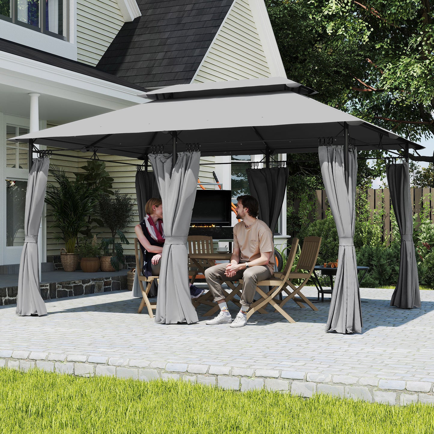 10' x 13' Double Roof Patio Gazebo, Outdoor Gazebo with Curtains, for Garden, Lawn, Backyard and Deck, Dark Grey